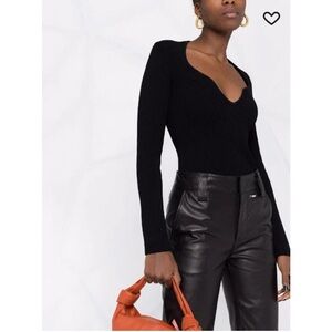 NWT $1474 KHAITE SWEETHEART L/s RIBBED-KNIT SWEATER TOP Black Size Small